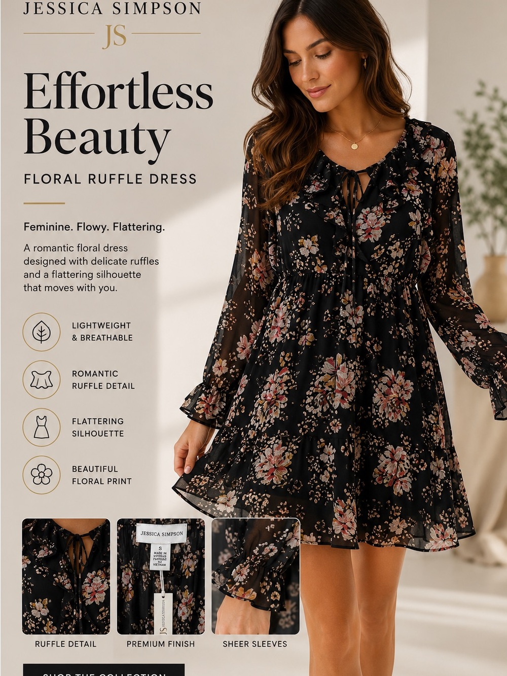 Jessica Simpson Black Floral Ruffle Mini Dress